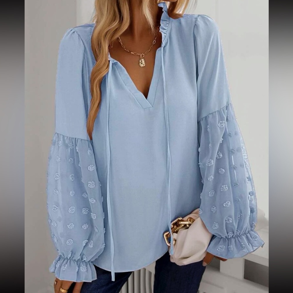 Boho  Swiss dot sleeve tie neck blouse - Picture 13 of 13